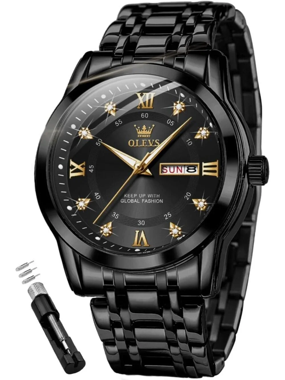 Olevs Men's Black Diamond Wrist Quartz Stainless Steel Luminous Luxury Watch